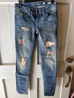 Miss Me Light Blue Skinny Jeans with Floral Patchwork